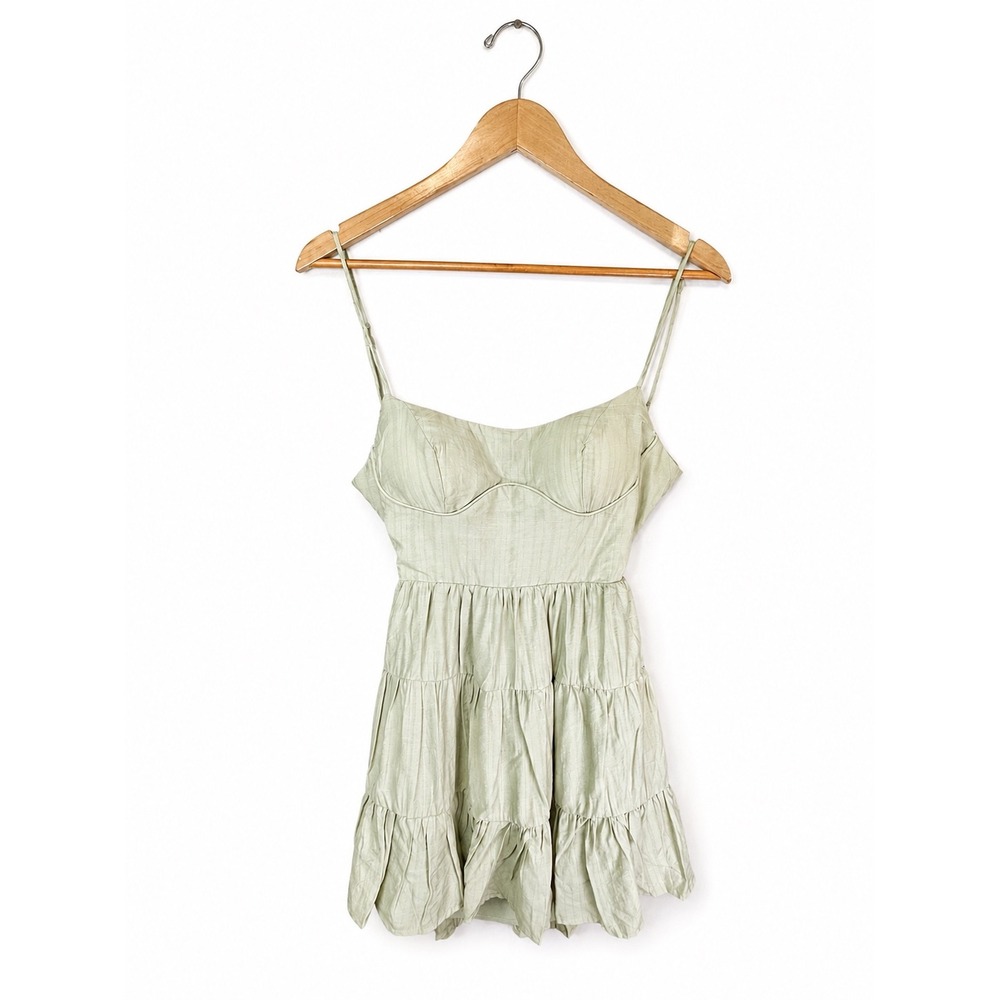 NWT Selfie Leslie 63623J Sage Bustier Tiered Mini Dress Size S Open Back - Picture 2 of 7